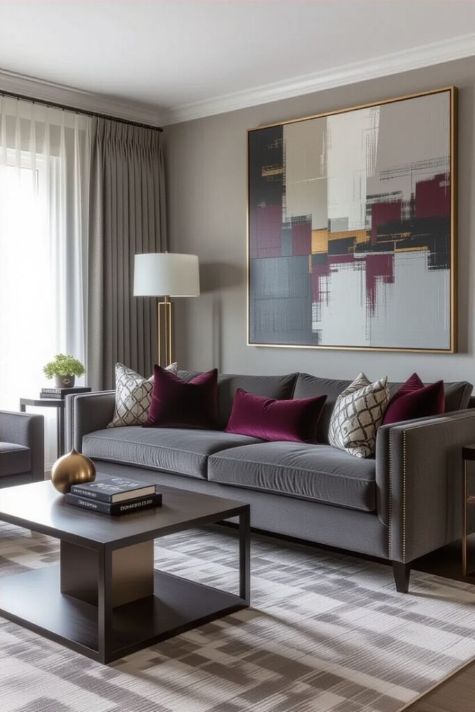 Modern living room with gray sofa, purple cushions, abstract wall art, and a stylish coffee table. Cozy and elegant interior design.