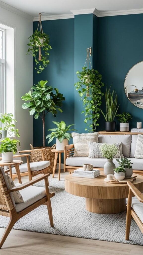 Modern living room with teal walls, lush indoor plants, wooden furniture, and natural light creating a cozy, eco-friendly vibe.