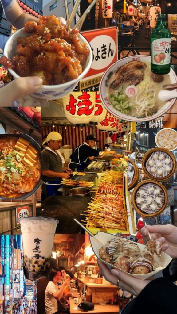 A vibrant collage of Asian street food, including ramen, skewers, bubble tea, dumplings, and bustling night markets.