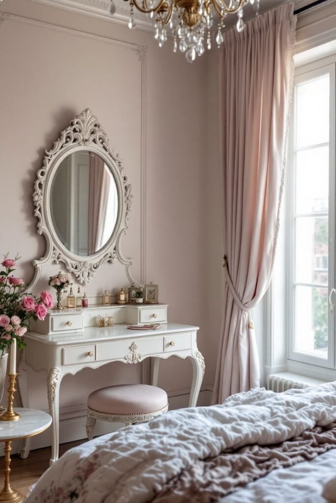 Elegant bedroom vanity with vintage mirror and decor, set against pastel curtains and a cozy bed. Perfect for a chic, feminine space.