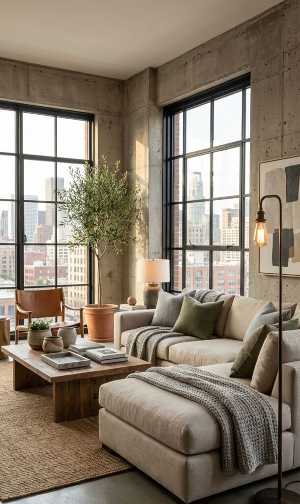 Urban Organic Room Decor with Warm Neutrals Modern Edge Modern urban loft living room with large windows, cozy beige sofa, green decor, and cityscape views; perfect blend of comfort and style. - Handy Home Modern urban loft living room with large windows, cozy beige sofa, green decor, and cityscape views; perfect blend of comfort and style.