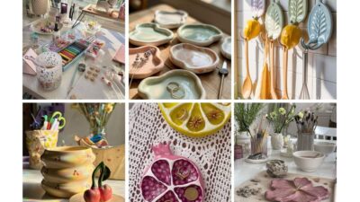 Collage of colorful ceramic crafts and art supplies, featuring artist tools, decorative plates, and vibrant pottery in a sunlit studio.