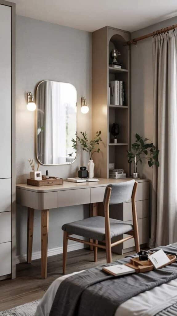 Modern bedroom with stylish desk, round mirror, cozy chair, and elegant decor. Minimalist and chic home interior design.