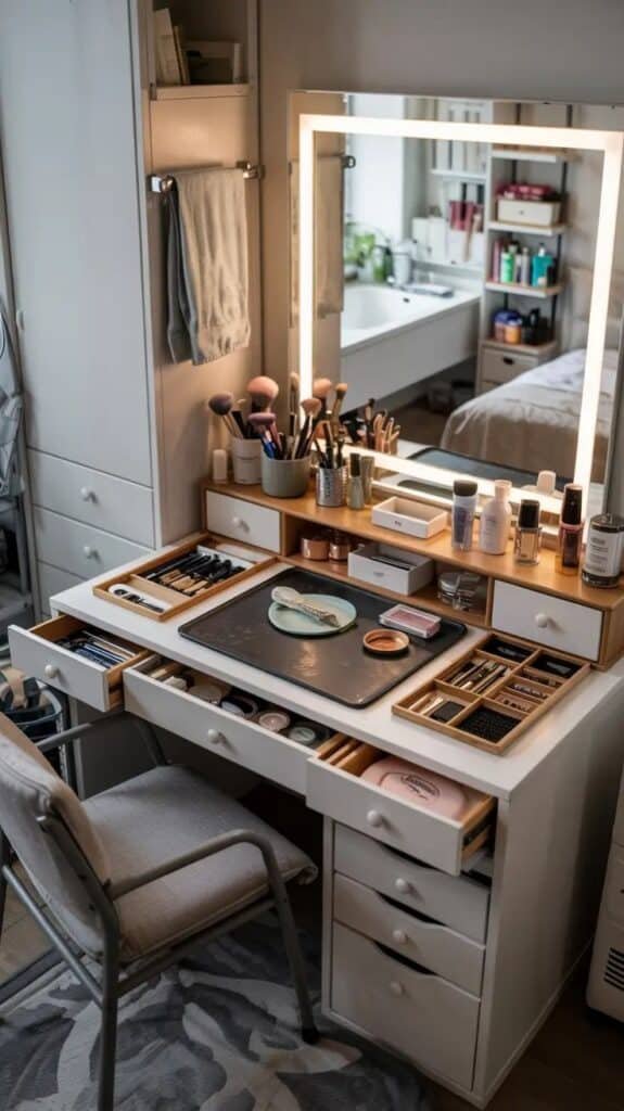 Modern vanity table with organized makeup, brushes, and illuminated mirror in a chic bedroom setting. Perfect for beauty enthusiasts.
