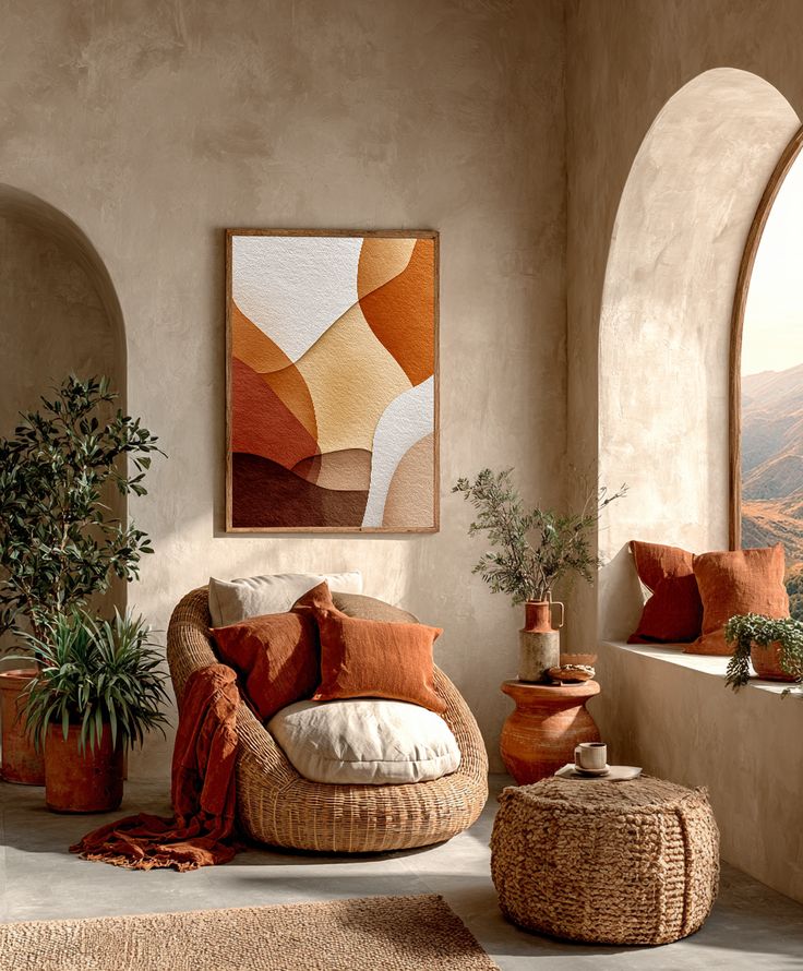 Warm Shadows _ Abstract Desert Terracotta Wall Art - 20x25 cm _ 8x10 Boho living room with wicker chair, rustic decor, abstract wall art, and earthy tones. Cozy atmosphere with natural lighting. - Handy Home Boho living room with wicker chair, rustic decor, abstract wall art, and earthy tones. Cozy atmosphere with natural lighting.
