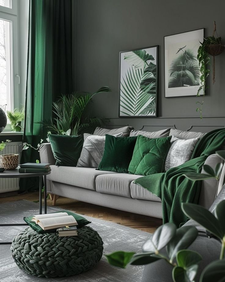 Stylish living room with gray sofa, green cushions, plants, and botanical art, creating a natural, serene atmosphere.
