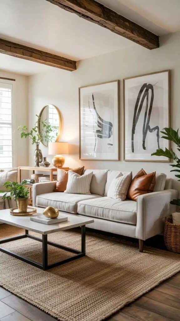 Stylish living room with a cozy beige sofa, abstract art, and rustic wood beams. Warm tones and greenery add charm and comfort.