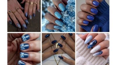 Collage of blue-themed winter nail art designs featuring snowflake patterns and glitter highlights.