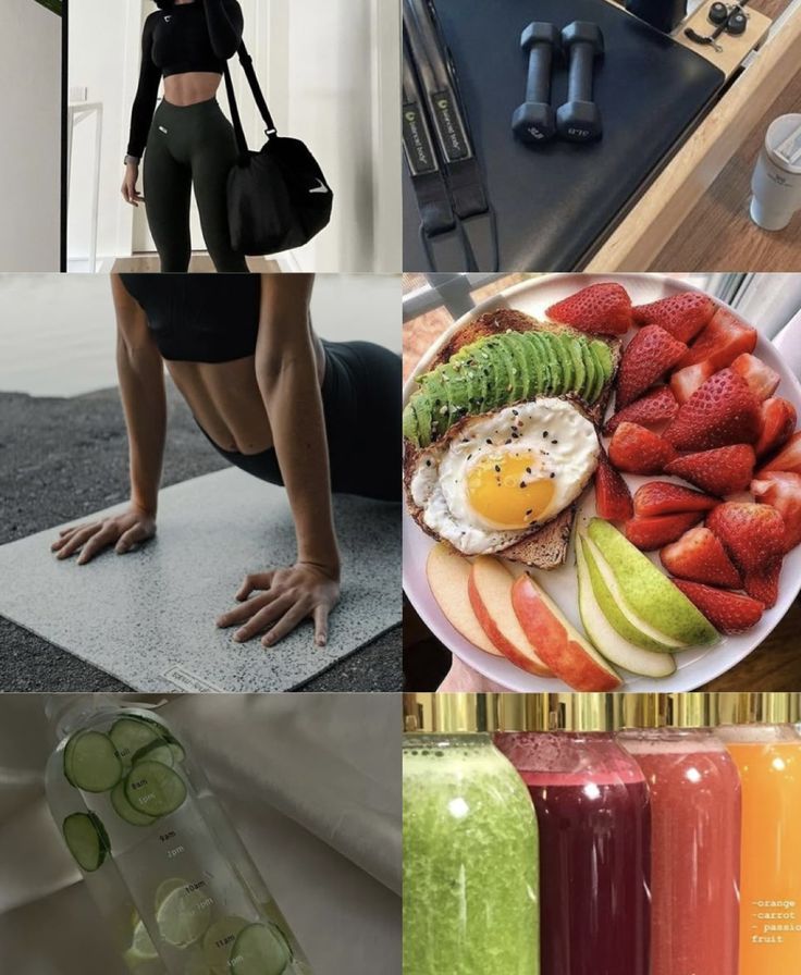 Screenshot Fitness and wellness collage: gym gear, yoga, healthy breakfast, cucumber water, and colorful smoothies for a balanced lifestyle. - Handy Home Fitness and wellness collage: gym gear, yoga, healthy breakfast, cucumber water, and colorful smoothies for a balanced lifestyle.