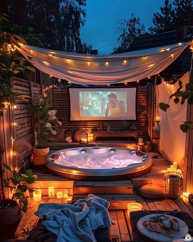 Outdoor deck with hot tub, candles, and movie screen for a cozy evening ambiance under string lights.