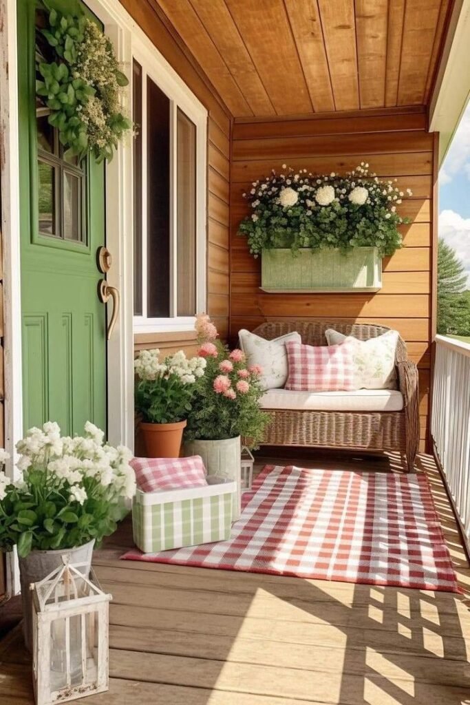 Cozy porch with wicker seating, green door, floral decor, and checkered details offers a charming and inviting outdoor space.