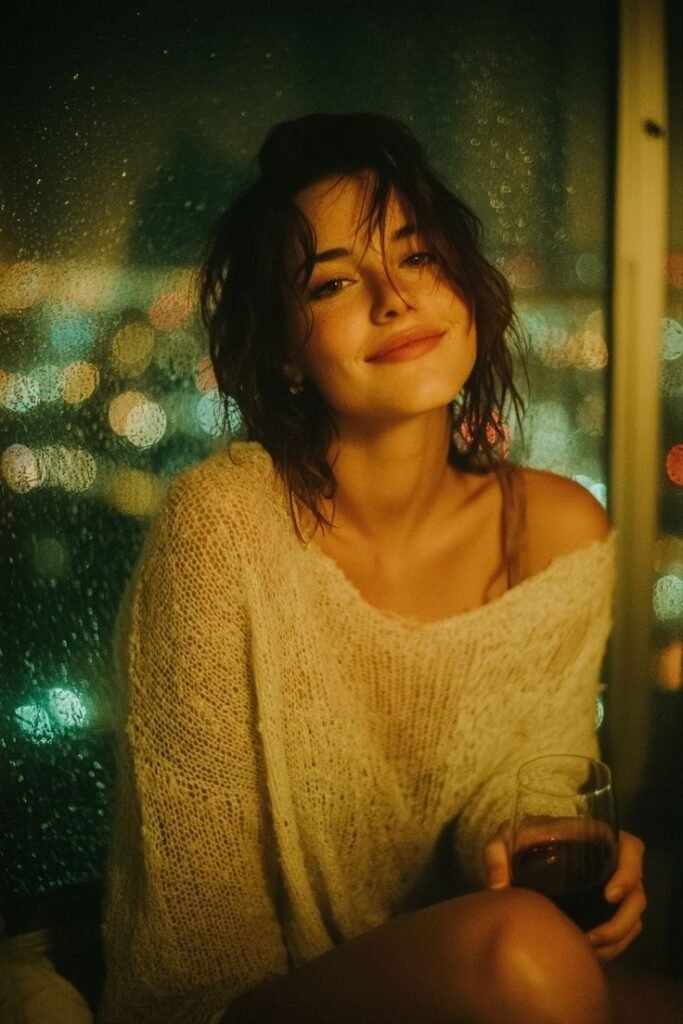 b2024278-50a4-4ae2-bbcf-acd8c490450a Woman smiling indoors, wearing cozy sweater, holding wine glass against a rainy window with city lights in the background. Warm ambiance. - Handy Home Woman smiling indoors, wearing cozy sweater, holding wine glass against a rainy window with city lights in the background. Warm ambiance.