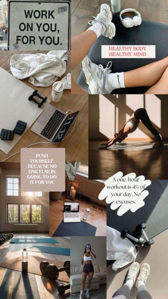 be1a1640-4278-4ced-8b40-24479d7ca977 Collage of fitness motivation quotes, workout gear, and yoga poses promoting healthy living and mental well-being. - Handy Home Collage of fitness motivation quotes, workout gear, and yoga poses promoting healthy living and mental well-being.