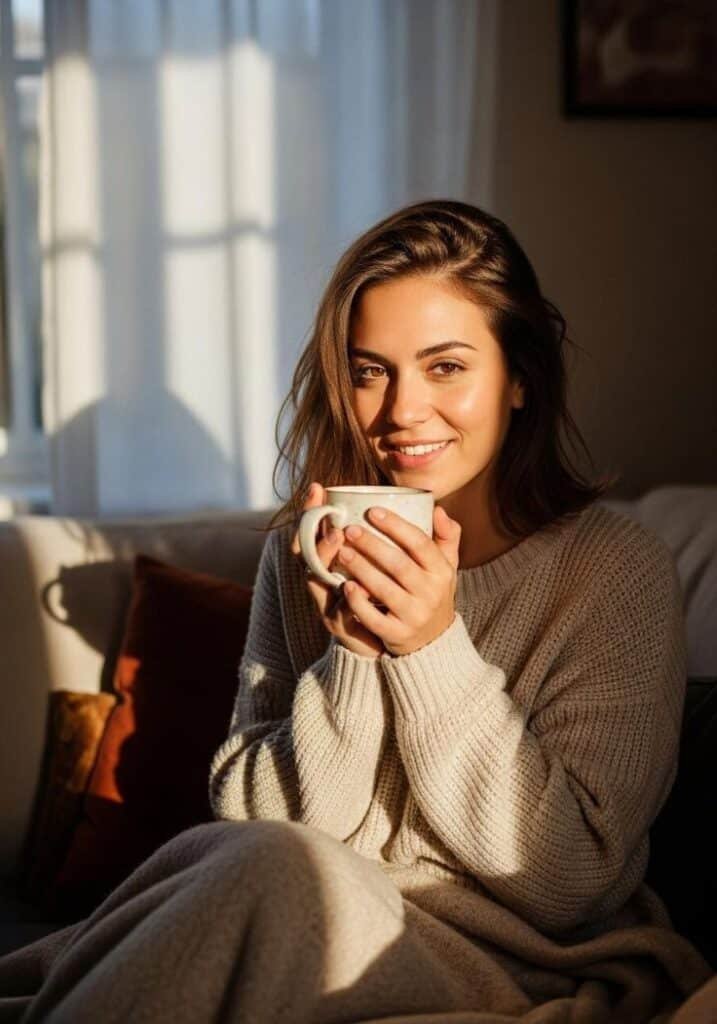 Beautiful Girls Portraits Woman enjoying a cozy morning with a warm cup of coffee, smiling in sunlight, wrapped in a sweater and blanket on a sofa. - Handy Home Woman enjoying a cozy morning with a warm cup of coffee, smiling in sunlight, wrapped in a sweater and blanket on a sofa.