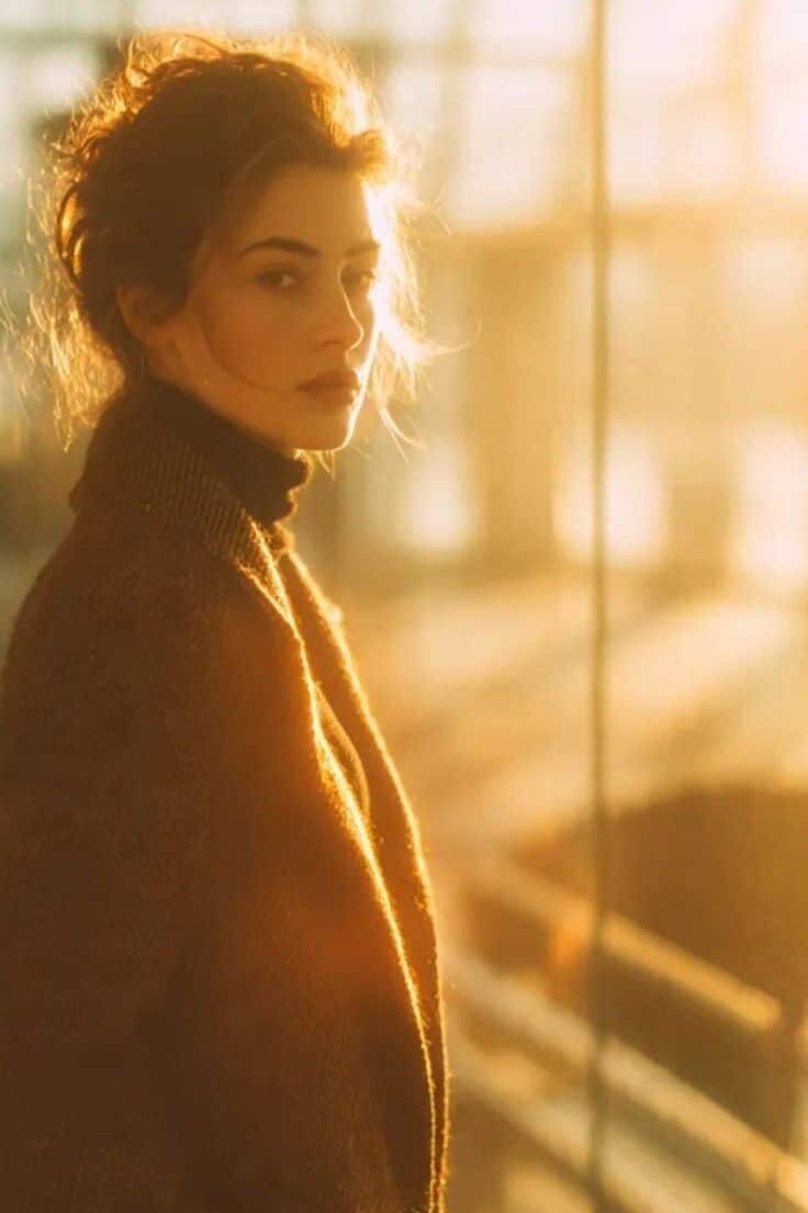 c15cf41c-7863-438f-84f1-70a8609538f7 Woman gazing through sunny window, wearing a cozy sweater, captured in warm golden light ambiance. - Handy Home Woman gazing through sunny window, wearing a cozy sweater, captured in warm golden light ambiance.