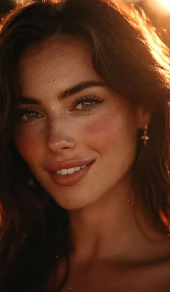 c97f9f17-3f75-436c-8630-66ddf8c18764 Smiling woman with glowing skin and long hair in warm sunlight, wearing earrings. Close-up portrait emphasizing natural beauty. - Handy Home Smiling woman with glowing skin and long hair in warm sunlight, wearing earrings. Close-up portrait emphasizing natural beauty.