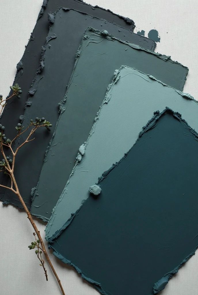ca8836f5-79b4-4db4-9786-3d235136edd6 Four layered paint swatches in blue and teal tones, with a sprig of leaves for contrast on a neutral background. - Handy Home Four layered paint swatches in blue and teal tones, with a sprig of leaves for contrast on a neutral background.