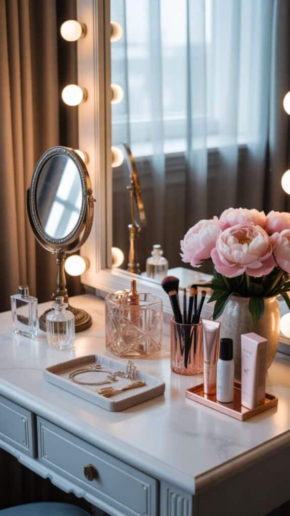 Elegant vanity table with mirror, makeup brushes, perfume, and pink flowers. Natural light enhances a cozy, chic atmosphere.