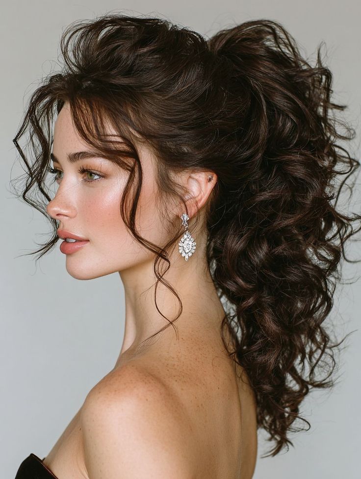 cf52a0b5-c17a-49ea-9bca-7c4430d2a65b Elegant hairstyle with voluminous, curly ponytail and stunning drop earrings, perfect for formal events and bridal looks. - Handy Home Elegant hairstyle with voluminous, curly ponytail and stunning drop earrings, perfect for formal events and bridal looks.