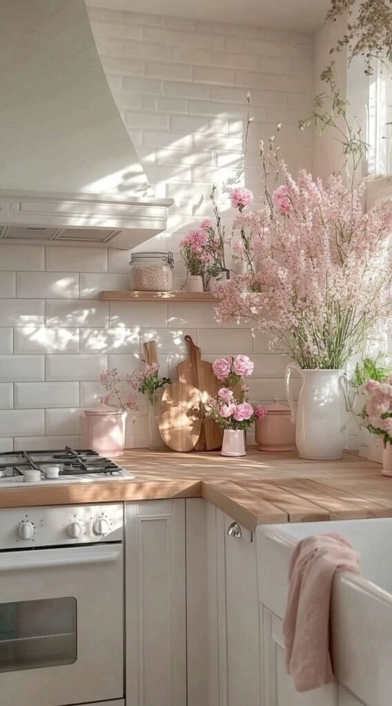 Bright cozy kitchen with white cabinets, wood countertops, and pink flowers. Sunlight shines through the window, creating a serene ambiance.