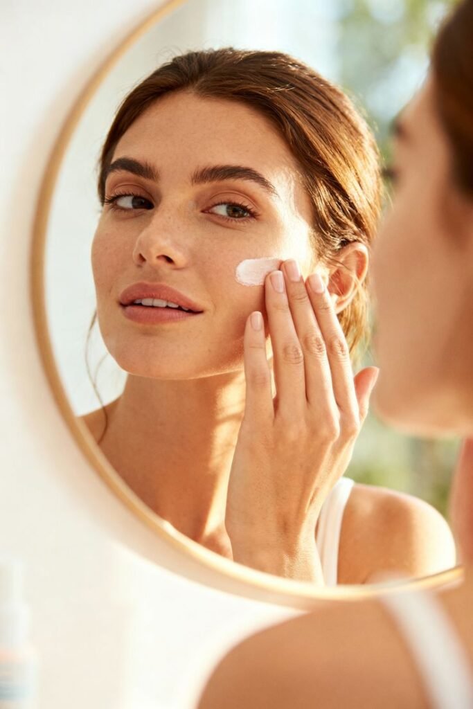 cozy winter night routine for your skin Woman applying face cream in front of a mirror for skincare routine, promoting healthy glowing skin care. - Handy Home Woman applying face cream in front of a mirror for skincare routine, promoting healthy glowing skin care.
