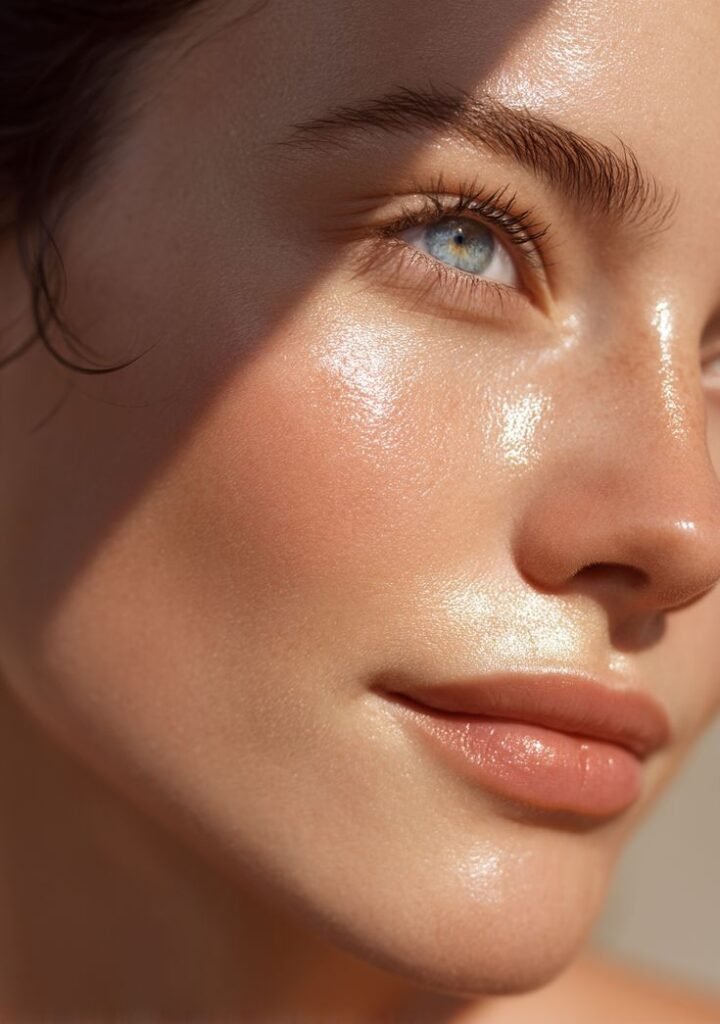 Close-up of a woman's radiant, dewy skin with natural makeup and defined eyebrows in sunlight. Perfect skincare glow.