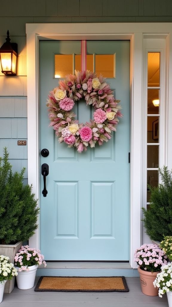 Light blue front door with a pink floral wreath and potted plants on the porch. Bright and welcoming home entryway.