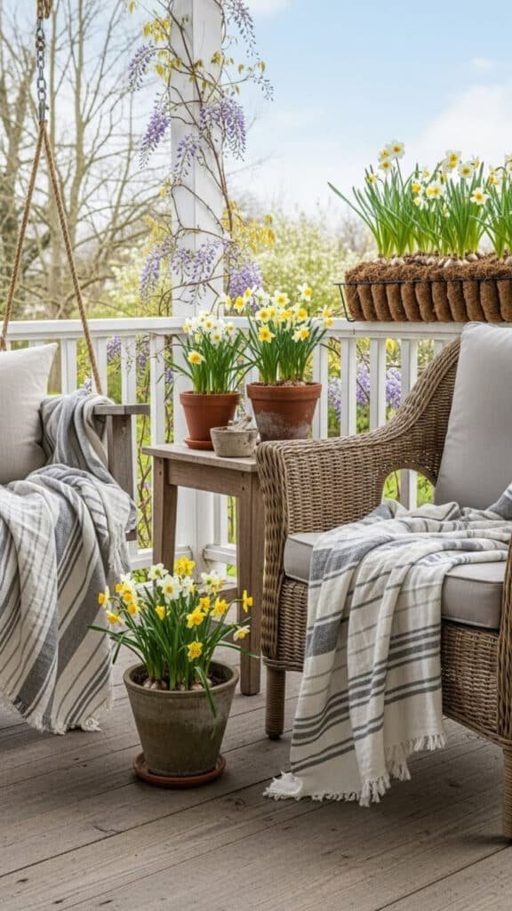 Cozy porch with wicker chairs, daffodils, and soft throws. Perfect spring relaxation spot with blooming flowers and outdoor seating.