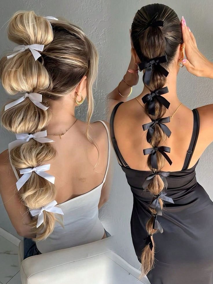 fa830311-1857-4bde-890a-c044261f612a Women showcasing elegant bubble braids with black and white ribbons, perfect for stylish hair inspiration and trendy hairstyle ideas. - Handy Home Women showcasing elegant bubble braids with black and white ribbons, perfect for stylish hair inspiration and trendy hairstyle ideas.