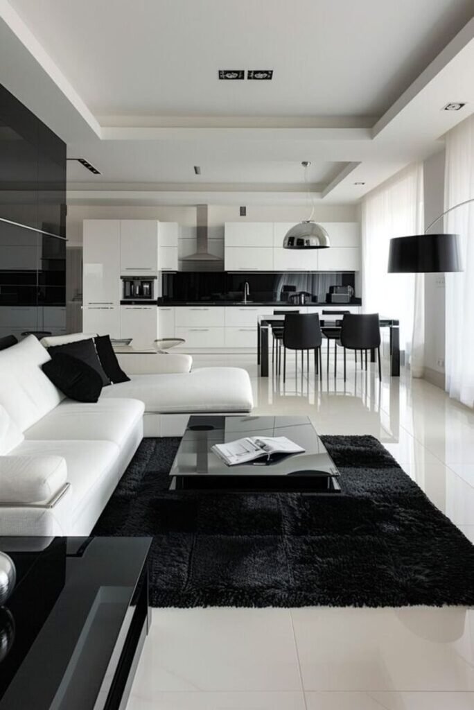 Sleek modern living space with white and black decor, featuring a stylish kitchen, lounge area, and contemporary furniture.