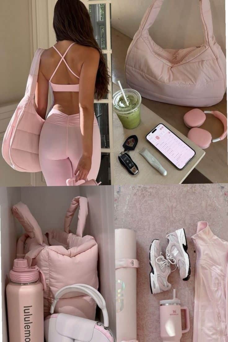 garota estilosa_ Pink workout gear and accessories, featuring yoga mat, leggings, sports bra, water bottles, and sneakers for a stylish fitness routine. - Handy Home Pink workout gear and accessories, featuring yoga mat, leggings, sports bra, water bottles, and sneakers for a stylish fitness routine.