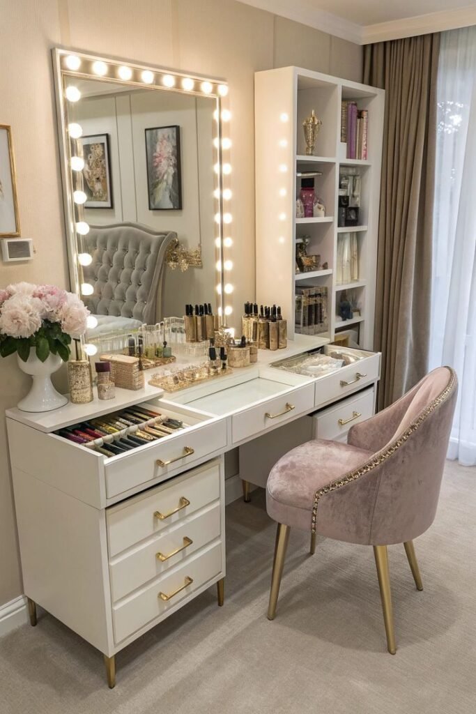 Elegant vanity table with a lighted mirror, makeup storage, and a plush pink chair, perfect for a chic beauty corner.