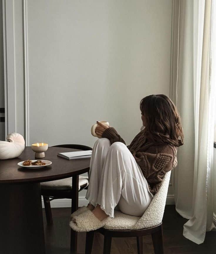 peace Cozy morning scene: Person in sweater and slippers enjoys coffee in a serene room with pastries and candles on table by window. - Handy Home Cozy morning scene: Person in sweater and slippers enjoys coffee in a serene room with pastries and candles on table by window.