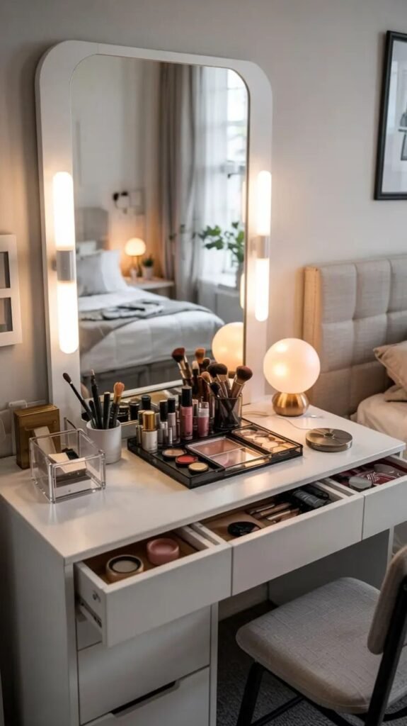 Modern vanity table with illuminated mirror, cosmetics, and brushes in a cozy bedroom setting. Elegant and organized space.