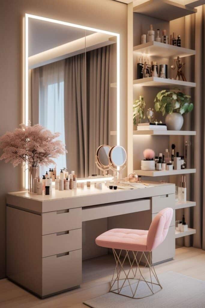 Elegant makeup vanity with illuminated mirror, pink chair, and organized cosmetics on a modern dressing table. Cozy, stylish interior.