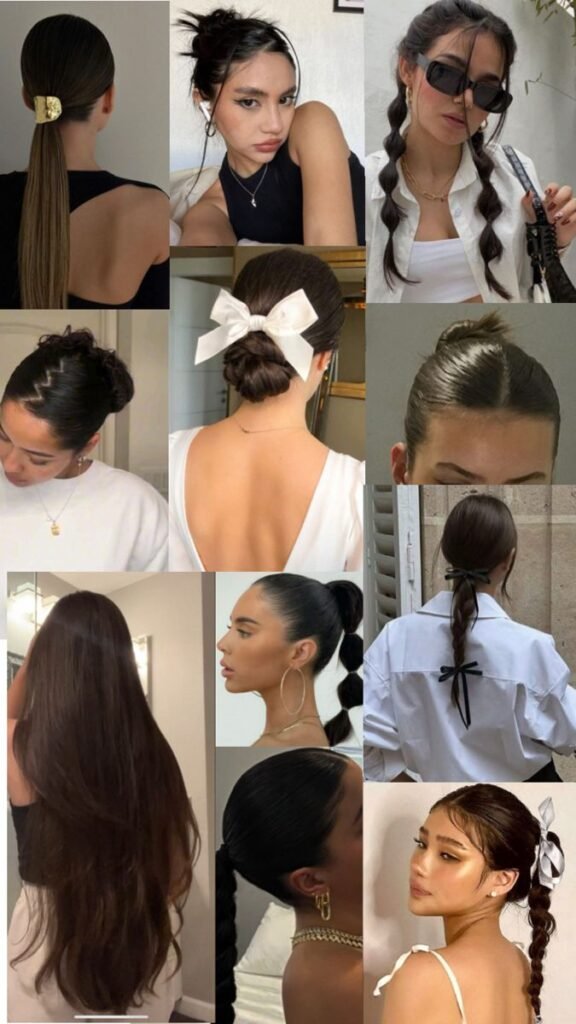 تسريحات Collage of trendy hairstyles: sleek ponytails, braided styles, buns with accessories, and loose long hair for fashion inspiration. - Handy Home Collage of trendy hairstyles: sleek ponytails, braided styles, buns with accessories, and loose long hair for fashion inspiration.
