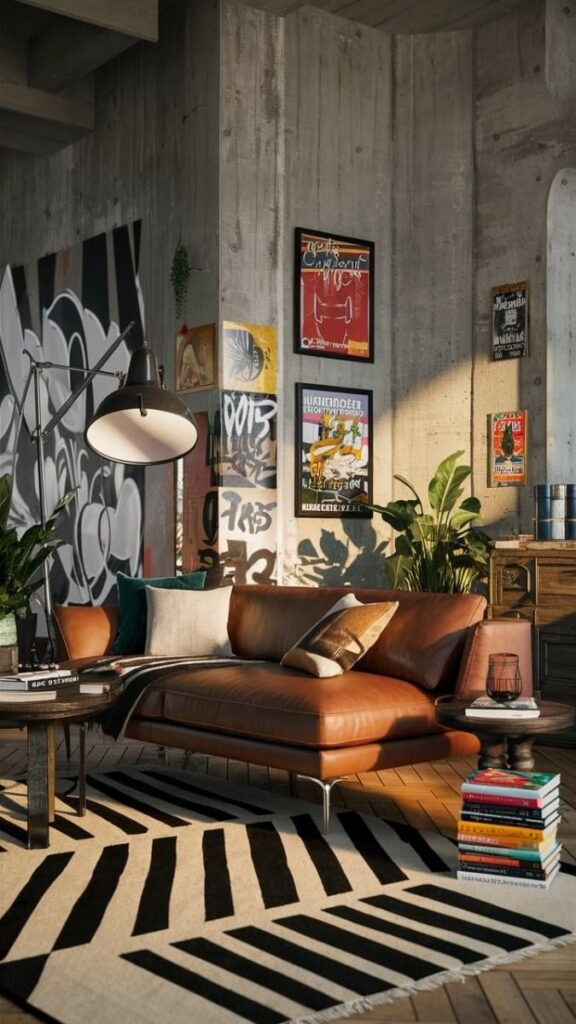 Cozy living room with leather sofa, eclectic wall art, and modern decor elements. Sunlit interior with trendy, artistic vibe.