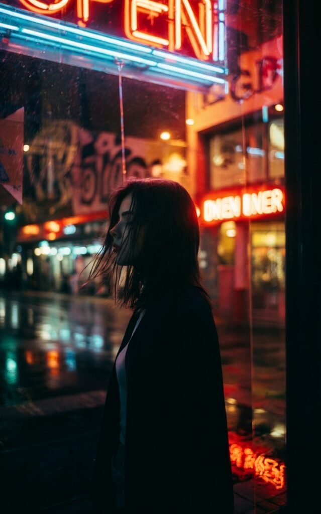 ✨ Moody City Photography Aesthetic Woman standing by neon Open signs at night on a rainy city street, reflecting urban ambiance and nightlife vibes. - Handy Home Woman standing by neon Open signs at night on a rainy city street, reflecting urban ambiance and nightlife vibes.