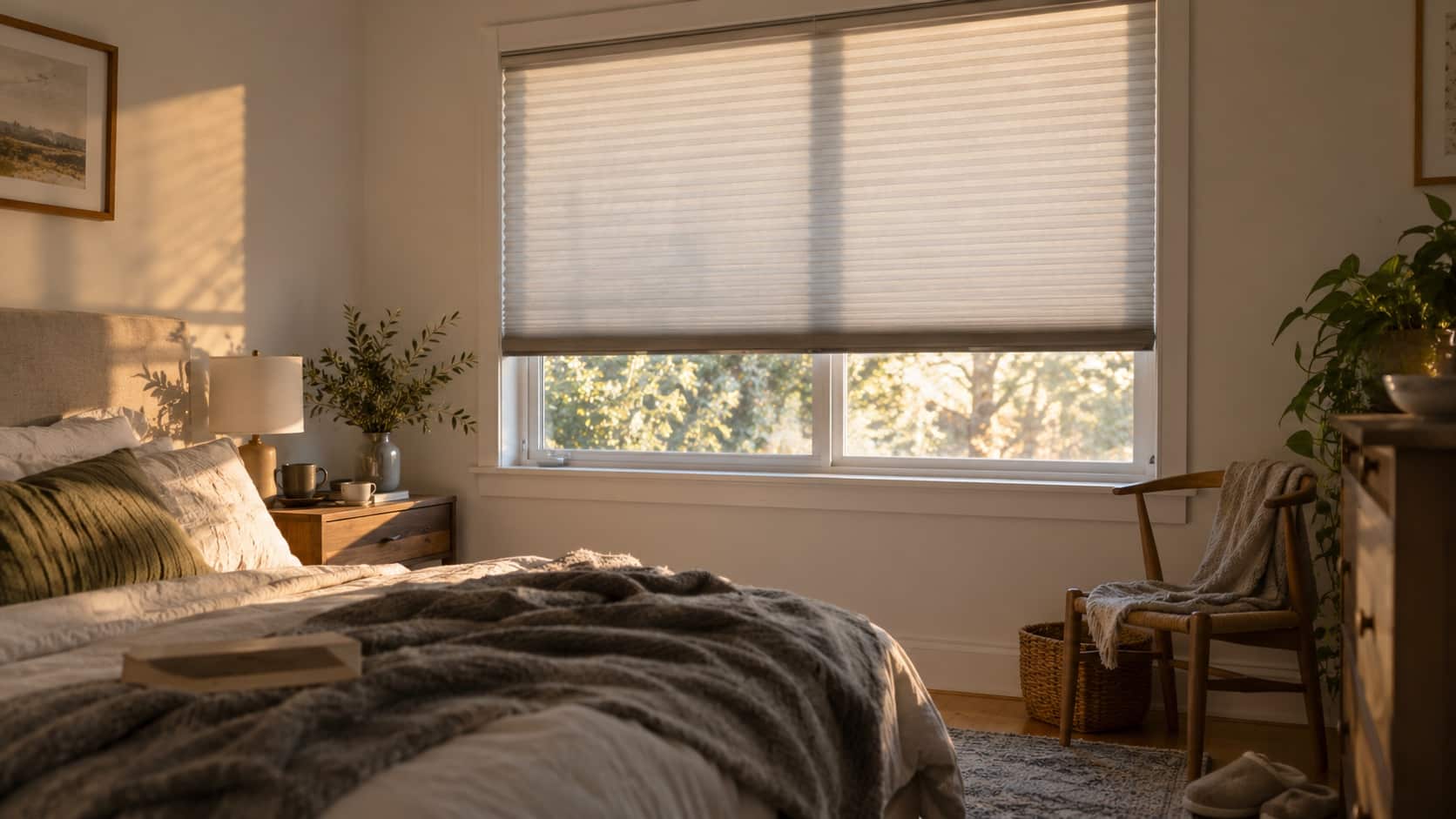 Choose the Right Level of Privacy for Each Room Bedroom window with privacy-focused lined blinds softly filtering morning light - Handy Home Bedroom window with privacy-focused lined blinds softly filtering morning light