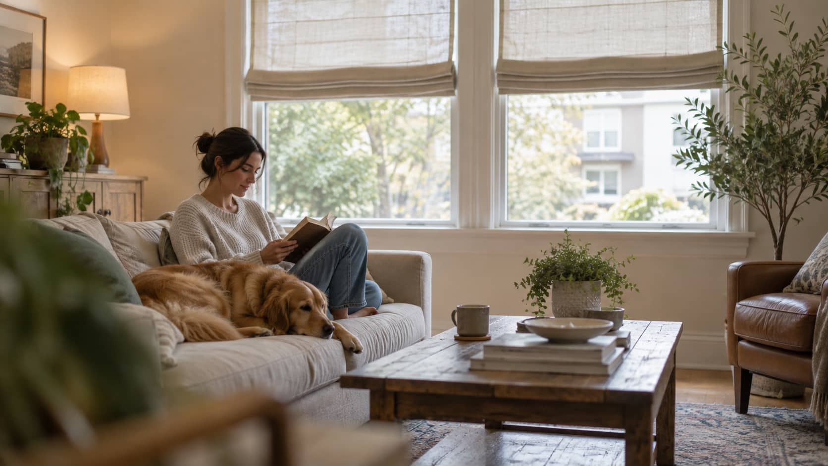 Manage Natural Light Without Making Rooms Dark Living room with partially raised Roman blinds creating controlled daylight without glare - Handy Home Living room with partially raised Roman blinds creating controlled daylight without glare