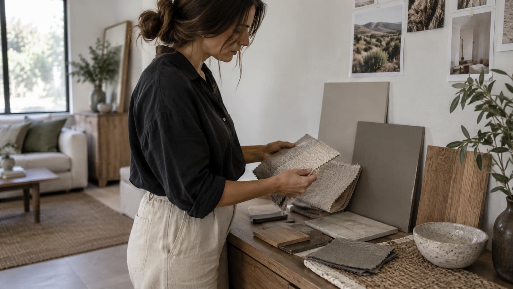 Match Window Furnishings to Your Interior Style Interior designer comparing neutral fabric samples against wall paint and timber finishes - Handy Home Interior designer comparing neutral fabric samples against wall paint and timber finishes