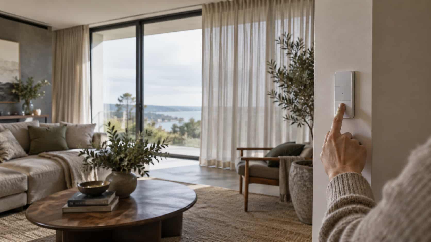 Make Everyday Use Easier A hand using a discreet wall control for motorised curtains in a contemporary living room - Handy Home A hand using a discreet wall control for motorised curtains in a contemporary living room