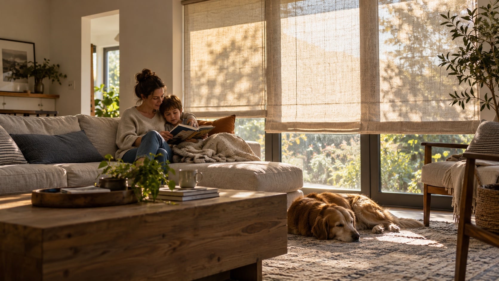 Consider Comfort Beyond Privacy Window furnishings reducing harsh afternoon heat in a calm family room - Handy Home Window furnishings reducing harsh afternoon heat in a calm family room