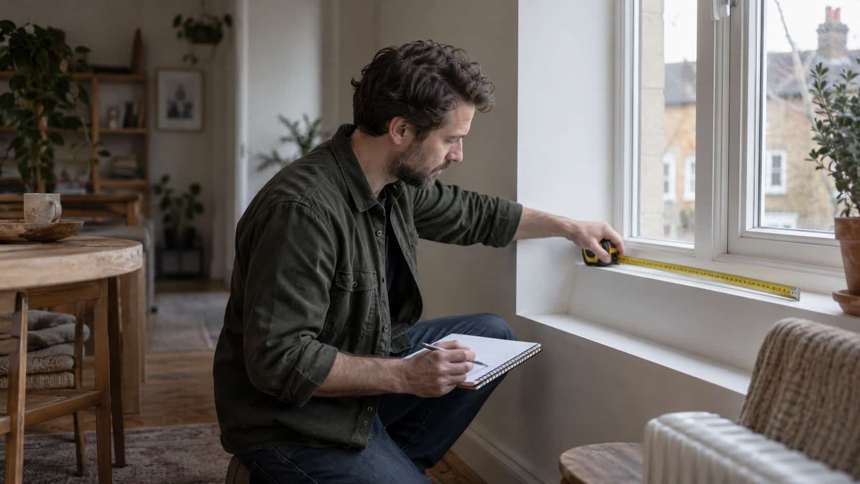 Measure and Plan Before Ordering Professional measuring a window recess carefully with tape measure and notebook - Handy Home Professional measuring a window recess carefully with tape measure and notebook