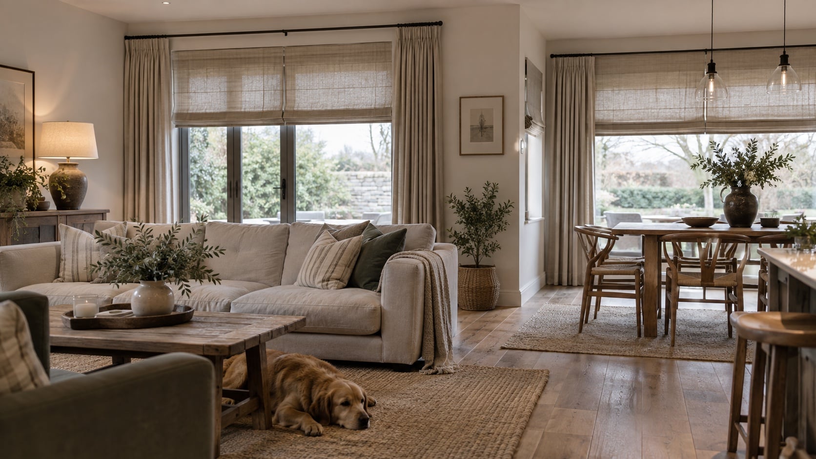Coordinated Window Furnishings Open-plan home with consistent Roman blinds and curtains across living and dining spaces - Handy Home Open-plan home with consistent Roman blinds and curtains across living and dining spaces