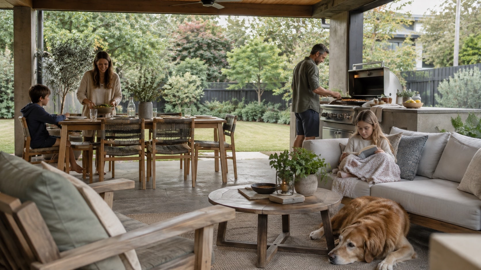 Match the Outdoor Area to How You Live A family using a practical covered patio with separate dining, cooking and relaxed seating areas - Handy Home A family using a practical covered patio with separate dining, cooking and relaxed seating areas