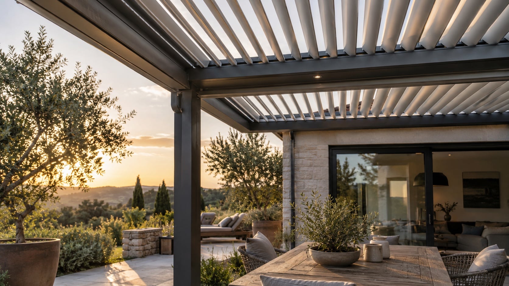 Add Flexible Cover With a louvered pergola Close architectural view of an adjustable louvered pergola partly open above a patio, believable mechanics and drainage - Handy Home Close architectural view of an adjustable louvered pergola partly open above a patio, believable mechanics and drainage