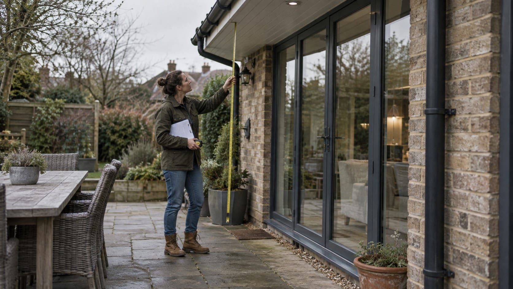 Choose a Structure That Suits the Site Designer measuring an existing patio beside a house, checking eaves, doors, paving levels and downpipes - Handy Home Designer measuring an existing patio beside a house, checking eaves, doors, paving levels and downpipes