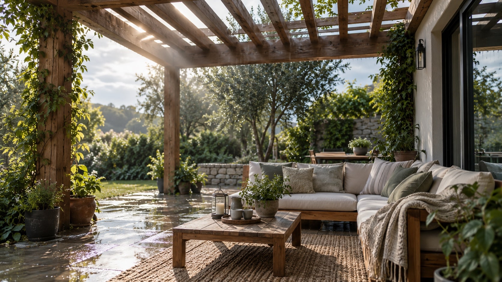 Plan for Sun Rain and Airflow Sunlight and moving air through a partly open pergola above a shaded outdoor lounge after a light shower - Handy Home Sunlight and moving air through a partly open pergola above a shaded outdoor lounge after a light shower
