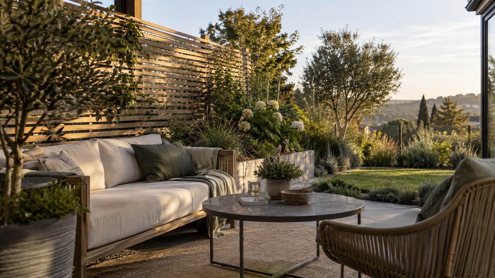 Improve Privacy Without Making the Area Feel Closed In Targeted timber screen and layered planting shielding a patio while leaving open sky and garden views - Handy Home Targeted timber screen and layered planting shielding a patio while leaving open sky and garden views